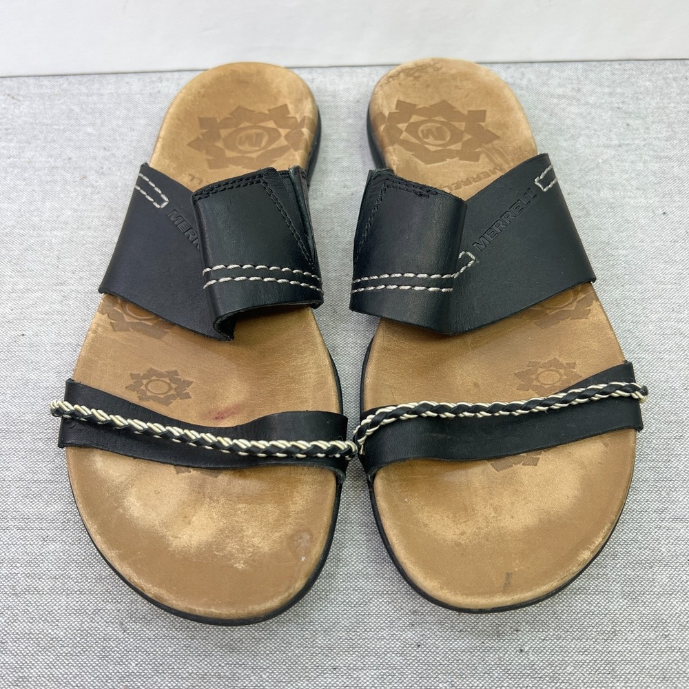 Merrell Shundra Slides Women's Shoes Size 8 Black Leather Sandals w/White Stitch
